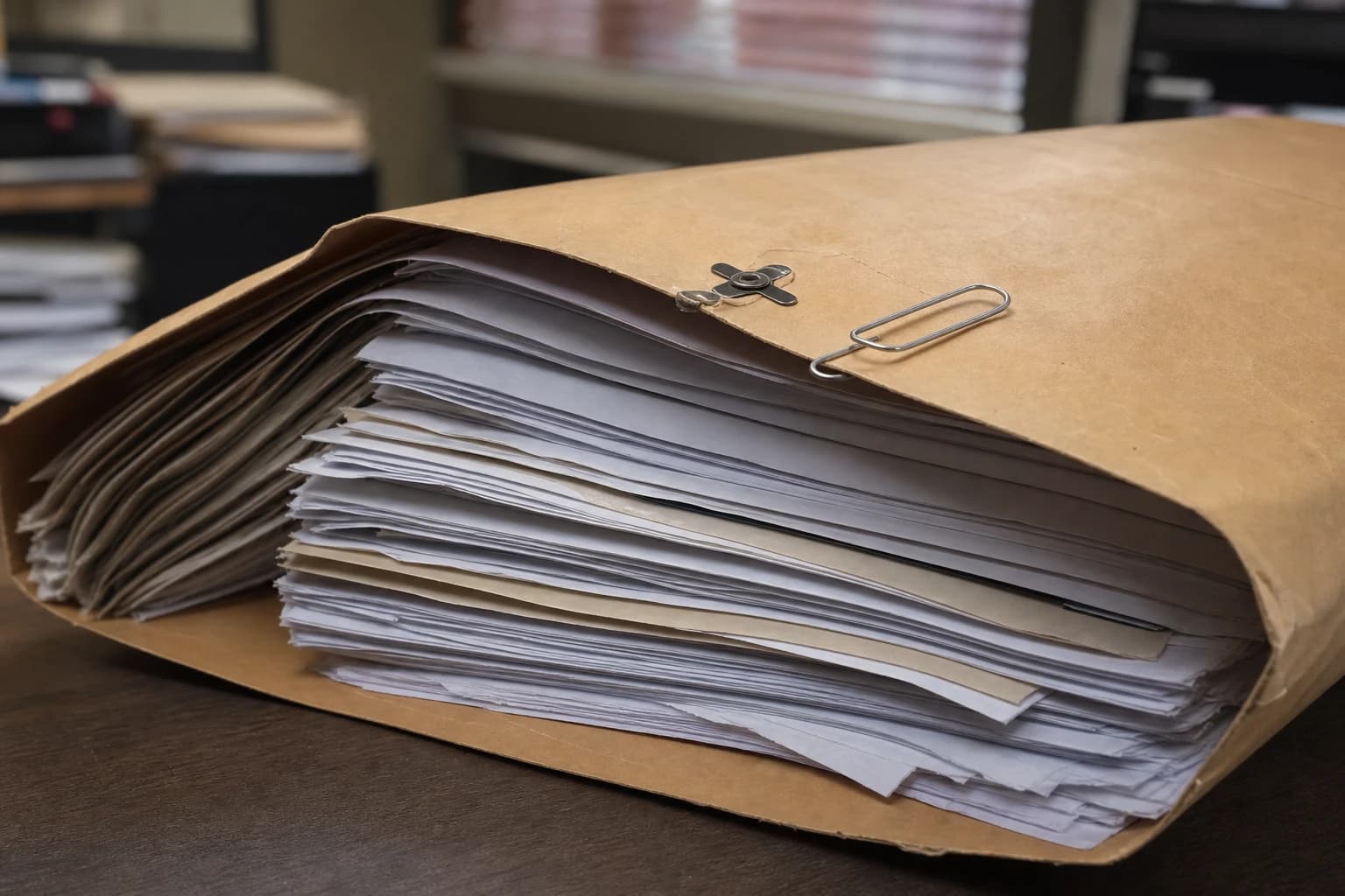 A manila envelope packed too full of pages, with the clasp and a paperclip on the flap.