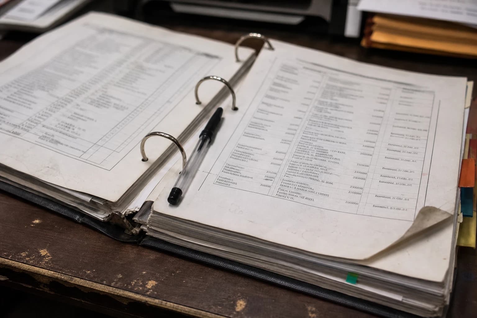 An open ring binder of worn reference pages on a desk, with a pen in the gutter.