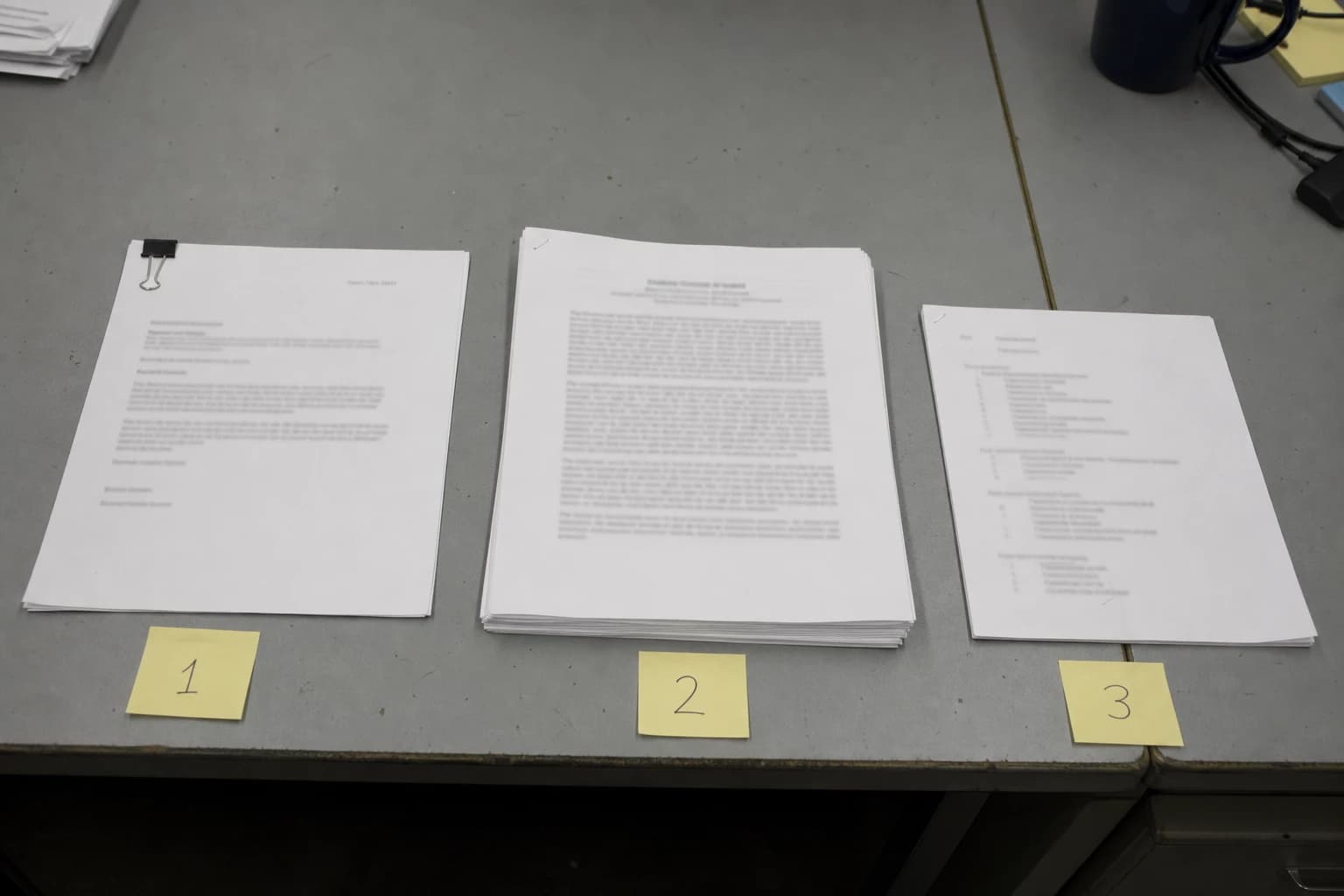 Three document packets lined up on a desk and labeled 1, 2, and 3.